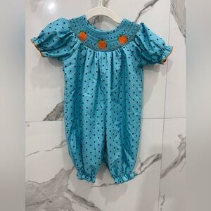 Blue Polka Dot Smocked Romper with Pumpkin Embroidery